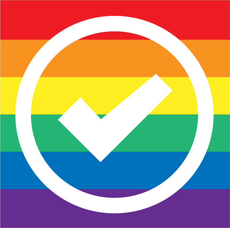 Graphic with rainbow flag colors on the background and a white checkmark in a circle on the foreground