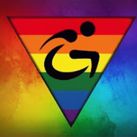 A triangle made up of rainbow colors with the symbol of a person in a wheelchair