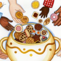 An illustration of a variety of hands tossing cookies into a bowl